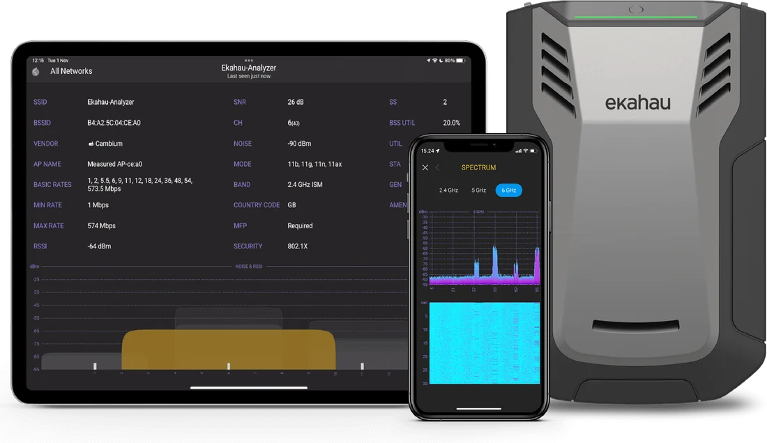 Analyse Wi-Fi sur tablette et smartphone, relevé du signal, du bruit et du spectre radio, avec la sonde de mesure Ekahau Sidekick
