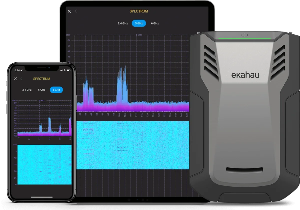 Analyse de spectre Wi-Fi multi-bandes sur tablette et mobile, avec la sonde de mesure Ekahau Sidekick